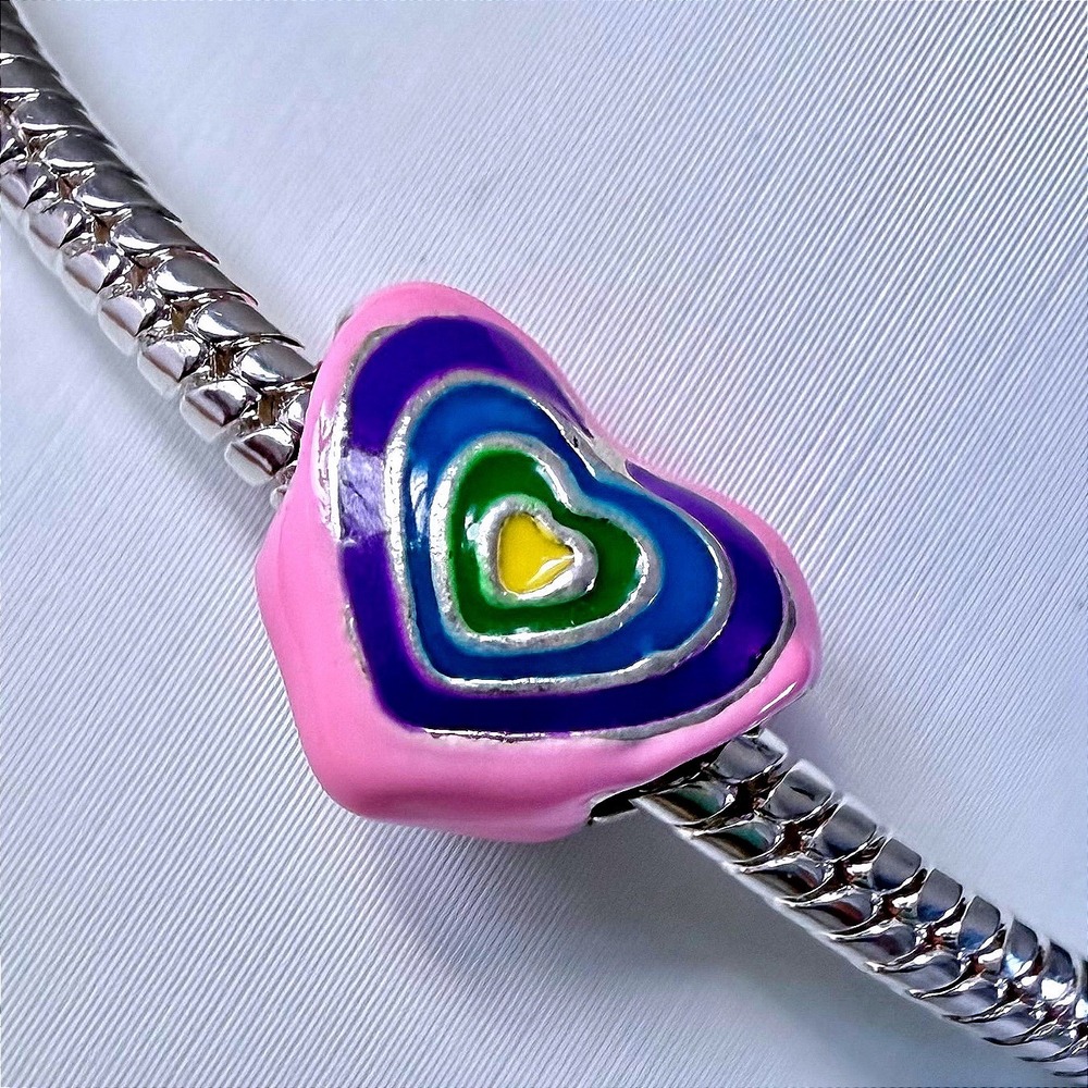 Silver Bead‎ Charm Fits Snake Chain Bracelet Pink Rainbow Heart Jewelry